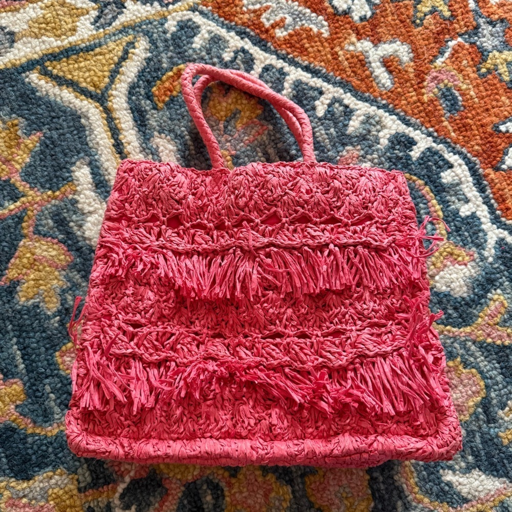 Anthropologie Pink Raffia Fringe Tote